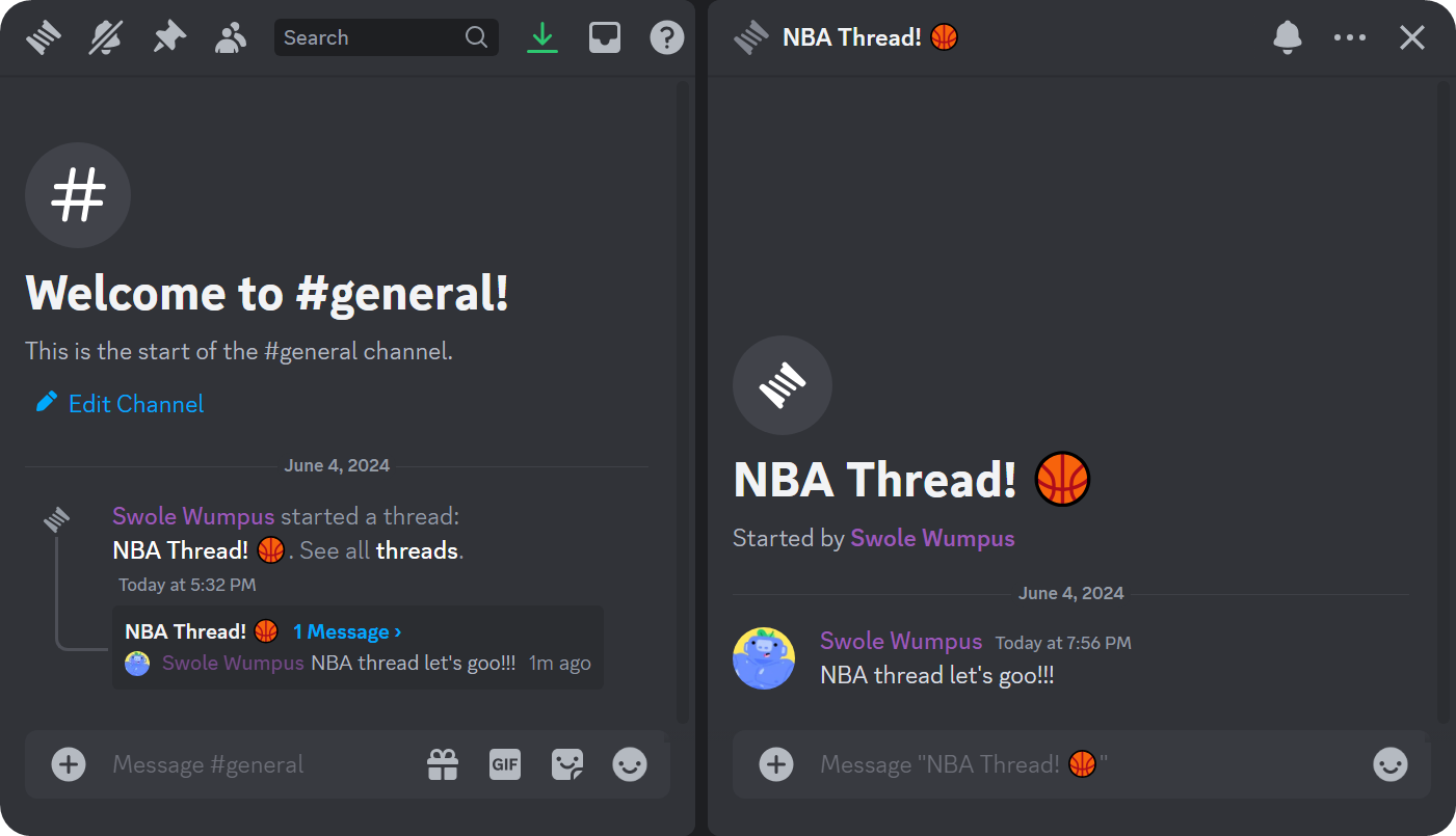 An example of how a Thread looks when opened on Discord