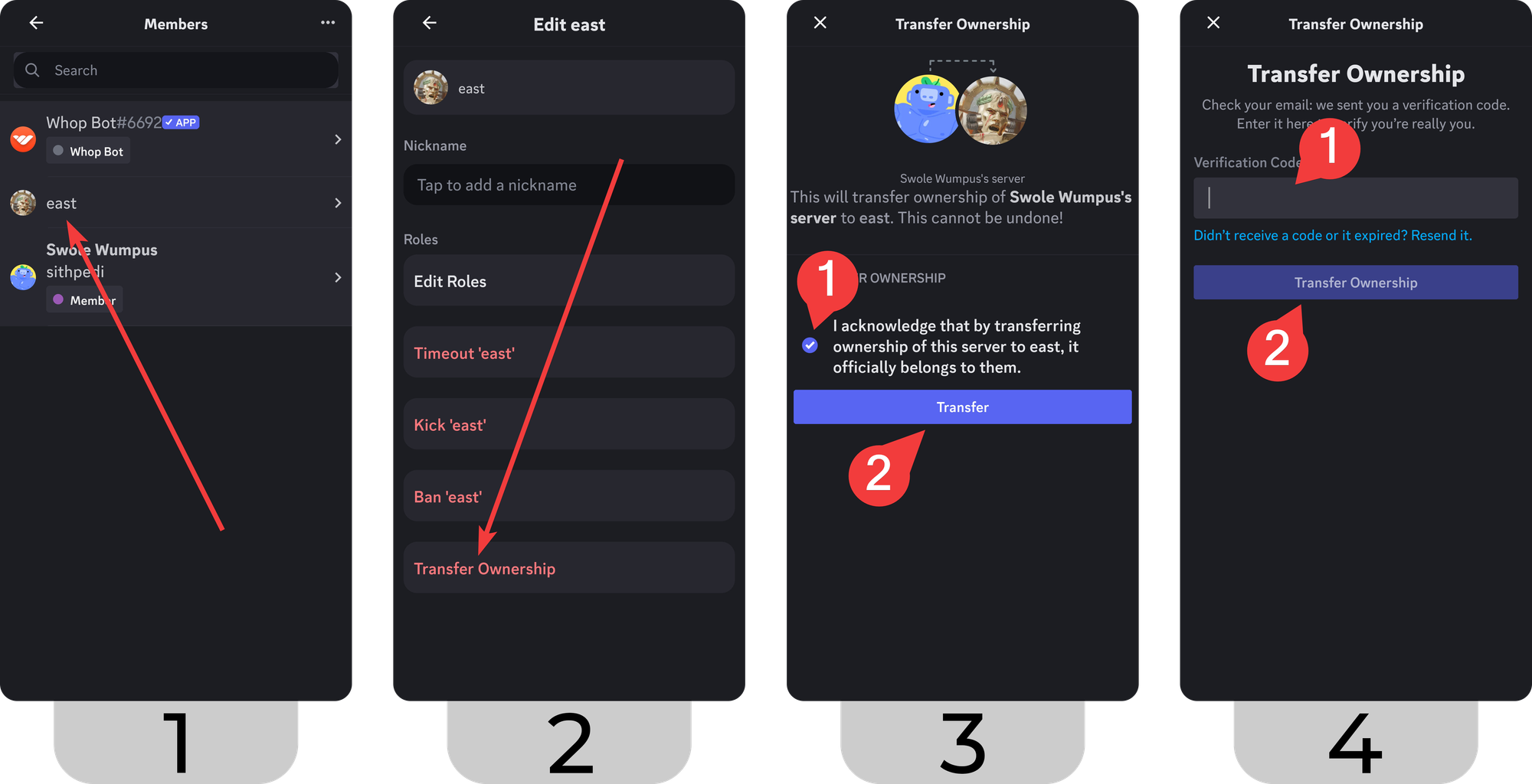 Steps of transferring a Discord server to another member on the mobile version of Discord