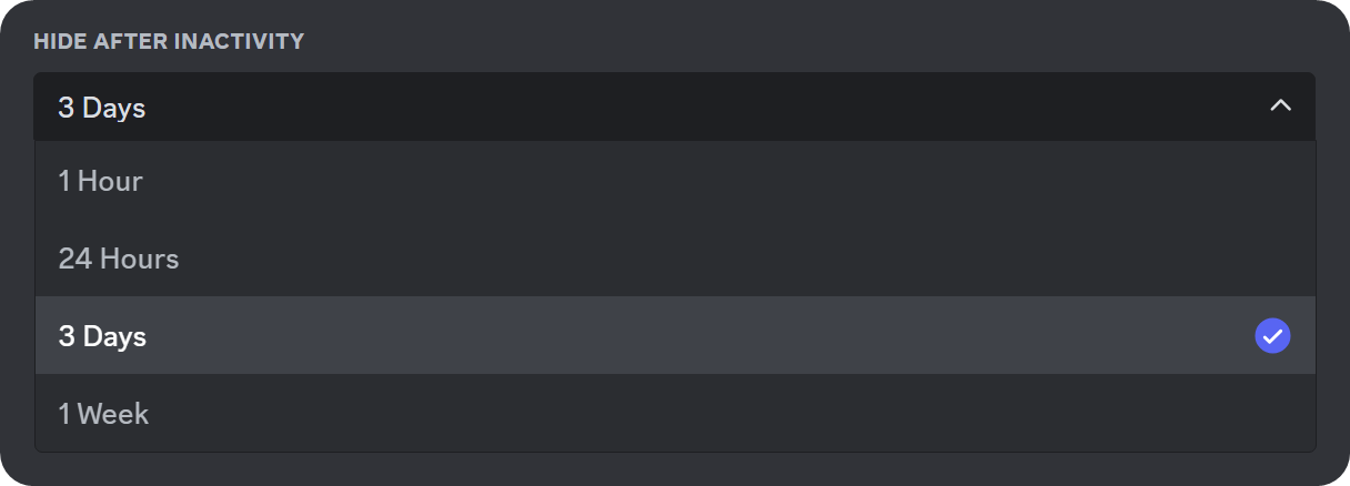 The Hide After Inactivity setting options for Threads on Discord