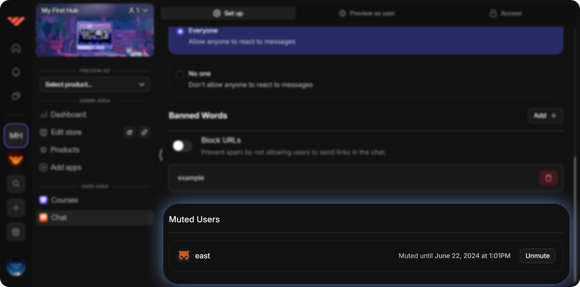The Muted Users part of the Set up section of the Chat app in a whop