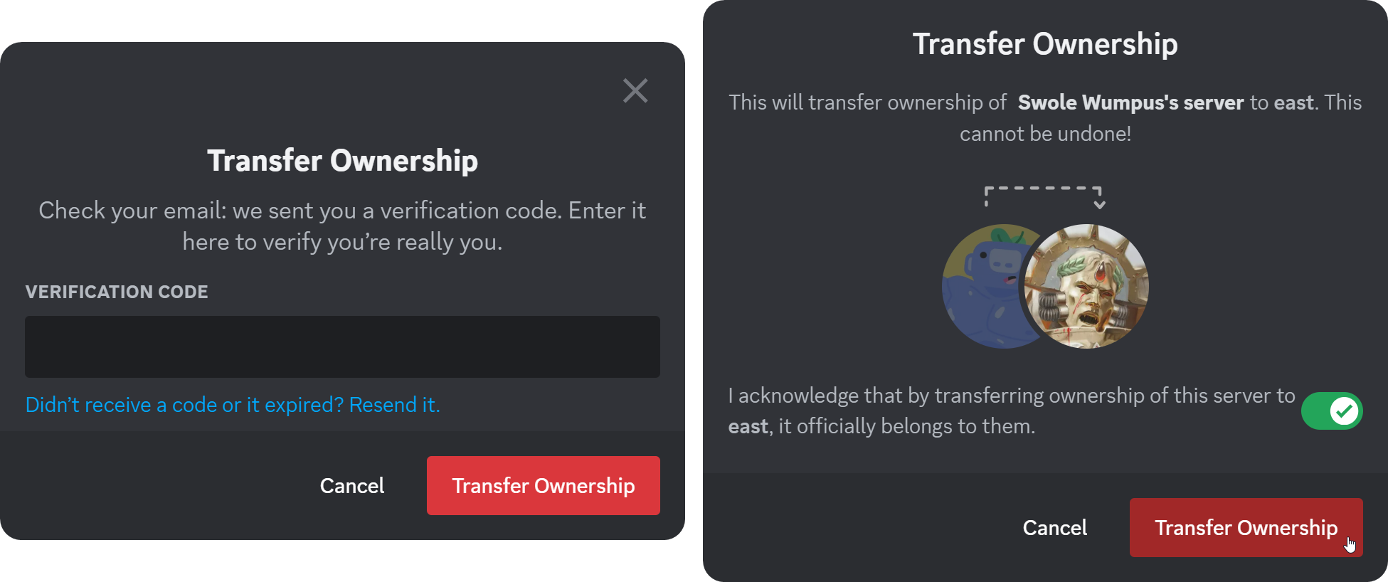 The final two steps of transferring a Discord server to another user on the desktop version of Discord