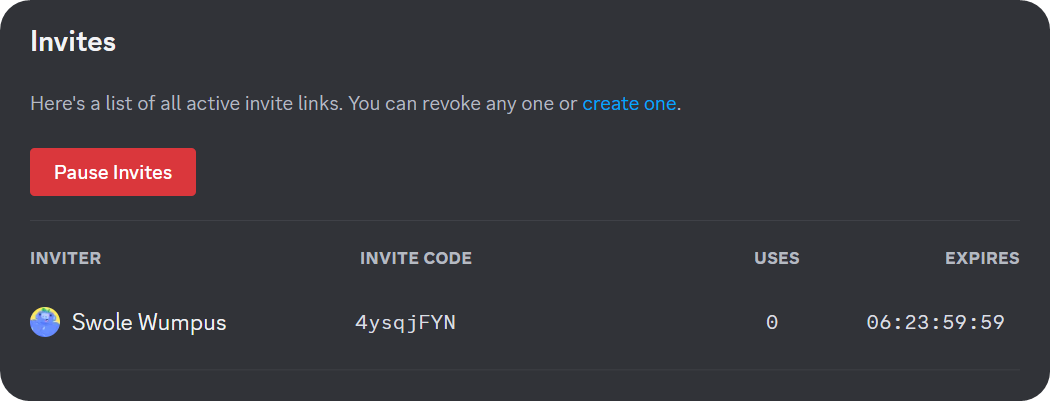 The invites section of the settings of a voice channel on Discord