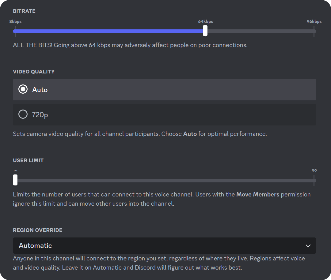 The overview section of the settings of a voice channel on Discord