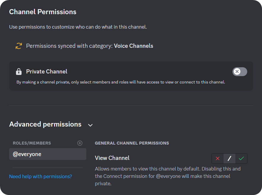 The permissions section of the settings of a voice channel on Discord