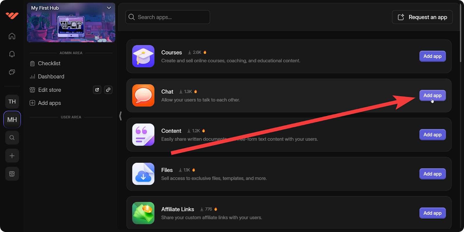 The Add app button of the Chat app highlighted on the Add apps section of a Hub on Whop