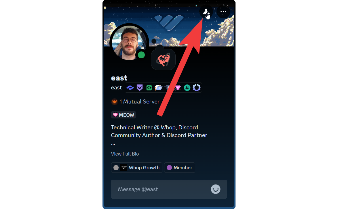 A Discord profile with an arrow pointing at the Add Friend button