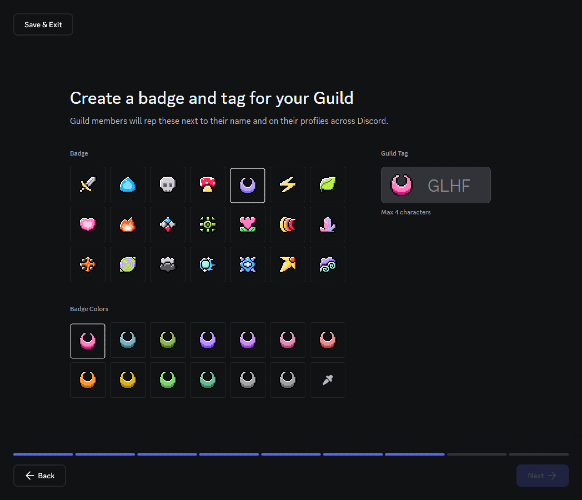 Sixth step of Guild creation on Discord - choosing Guild's badge and tag