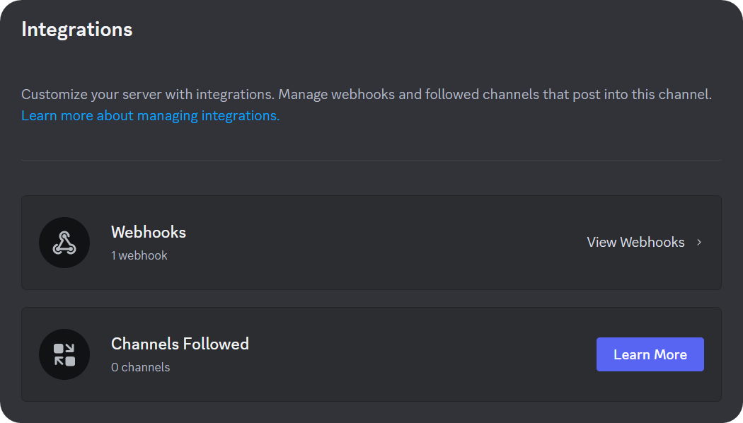 The Integrations section of a channel's settings on Discord