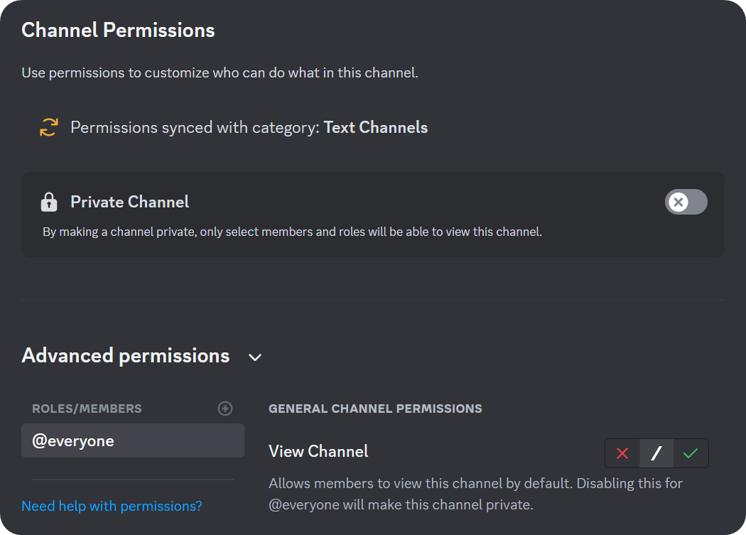 The Permissions section of a channel's settings on Discord