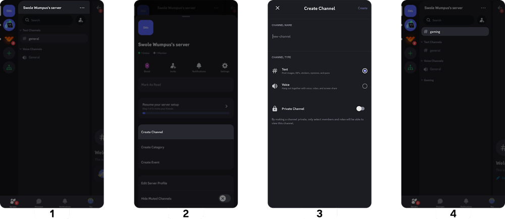 Steps of creating a channel on Discord mobile