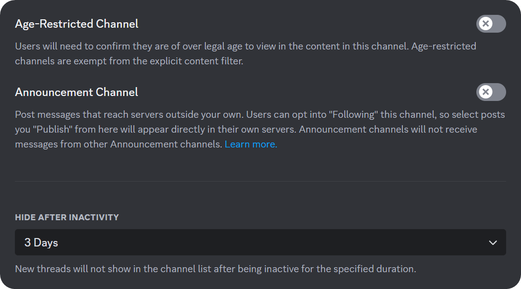 The second part of the Overview section of a channel's settings on Discord