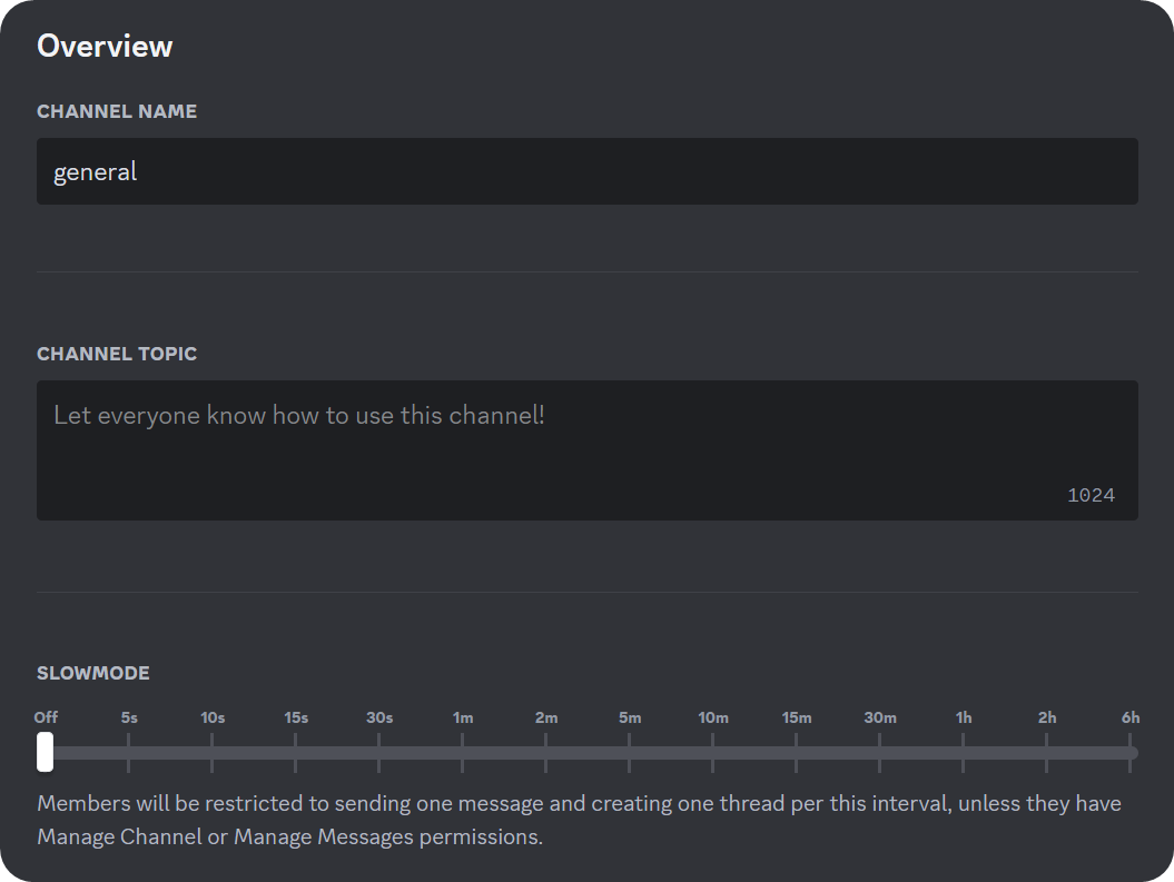 The first part of the Overview section of a channel's settings on Discord