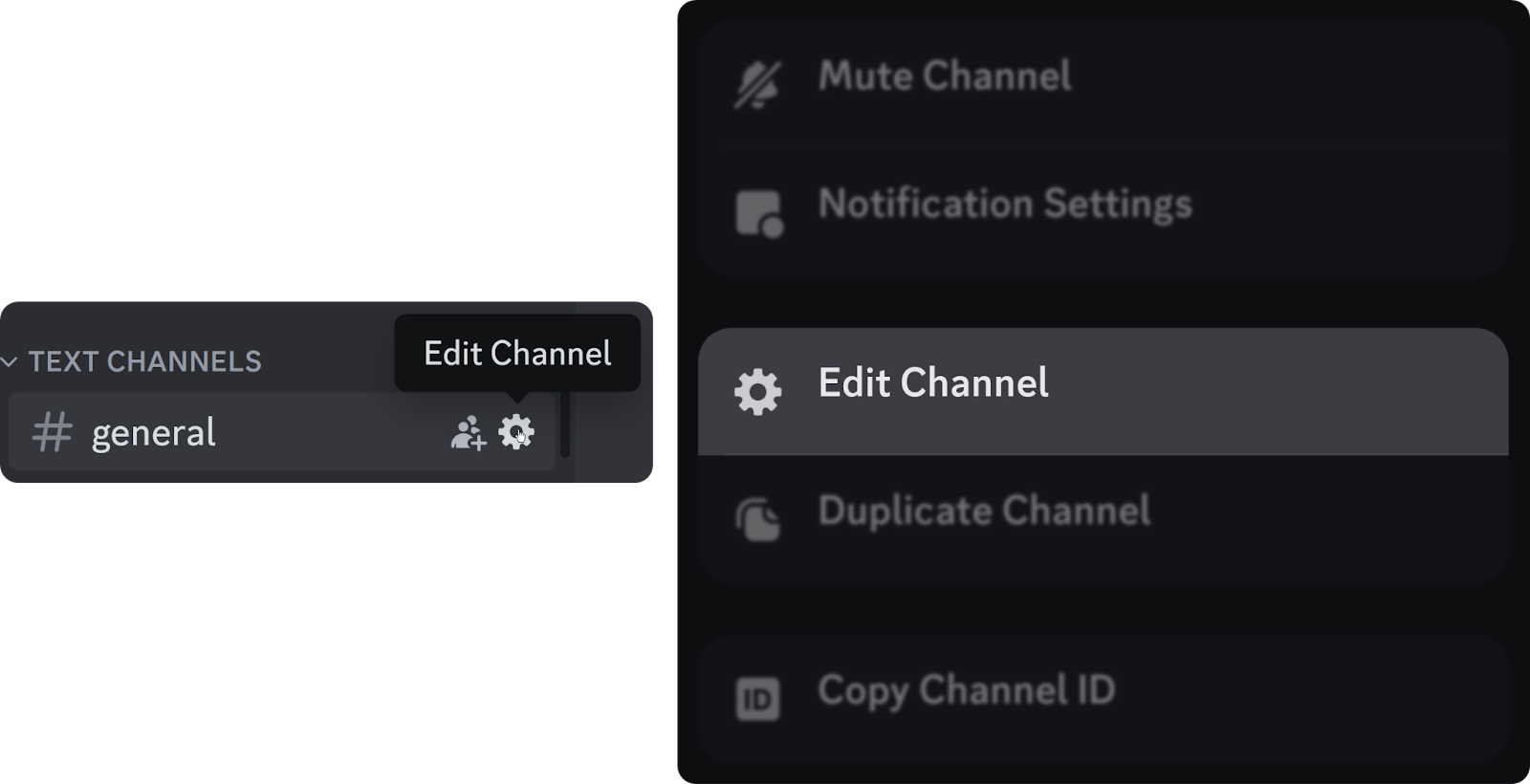 The Edit Channel buttons on Discord desktop (left) and mobile (right)