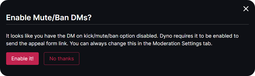 The Enable Mute/Ban DMs? dialogue on Dyno's dashboard