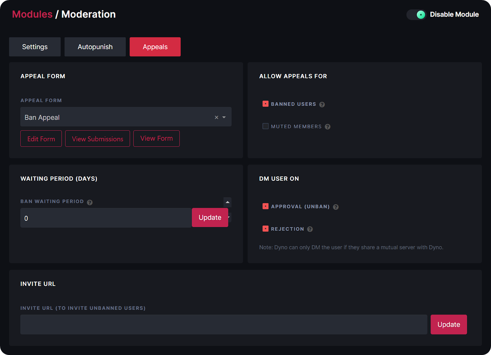 The Moderation module of Dyno's dashboard