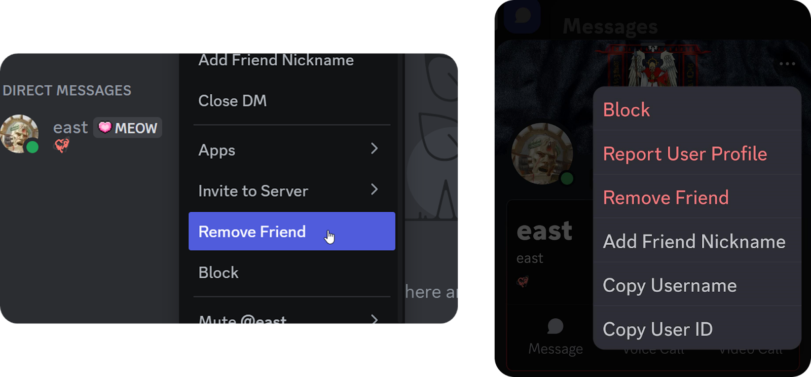 Desktop and mobile versions of removing a friend