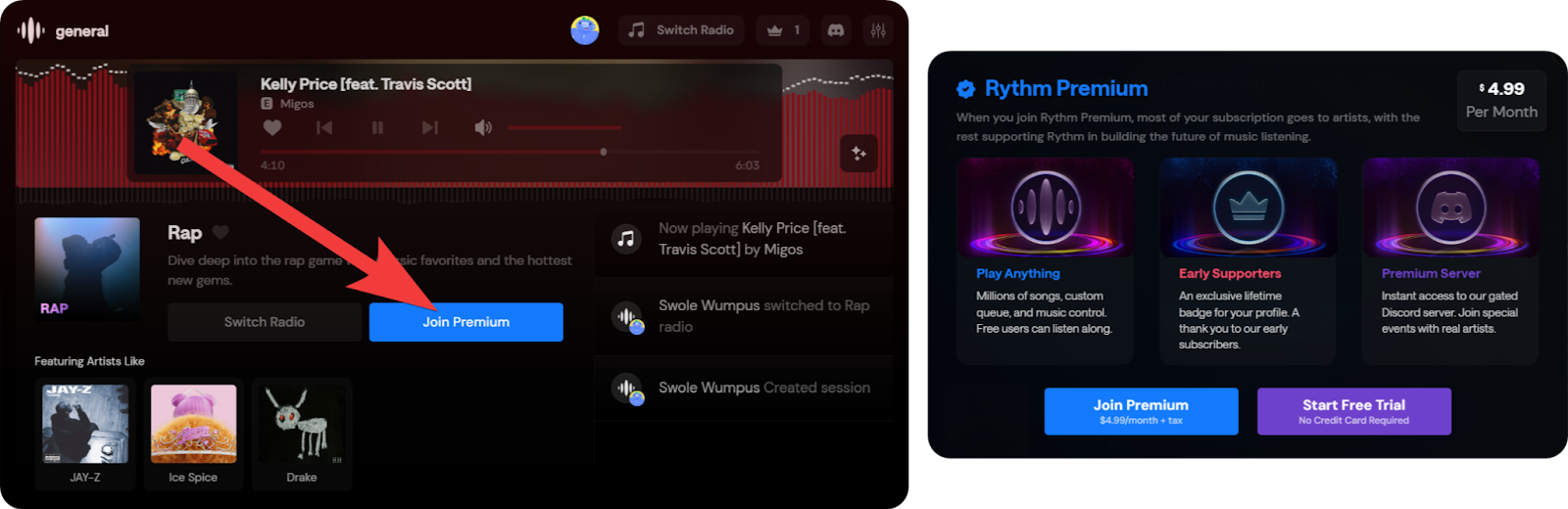 The Join Premium button and its popup inside the Rythm Activity on Discord