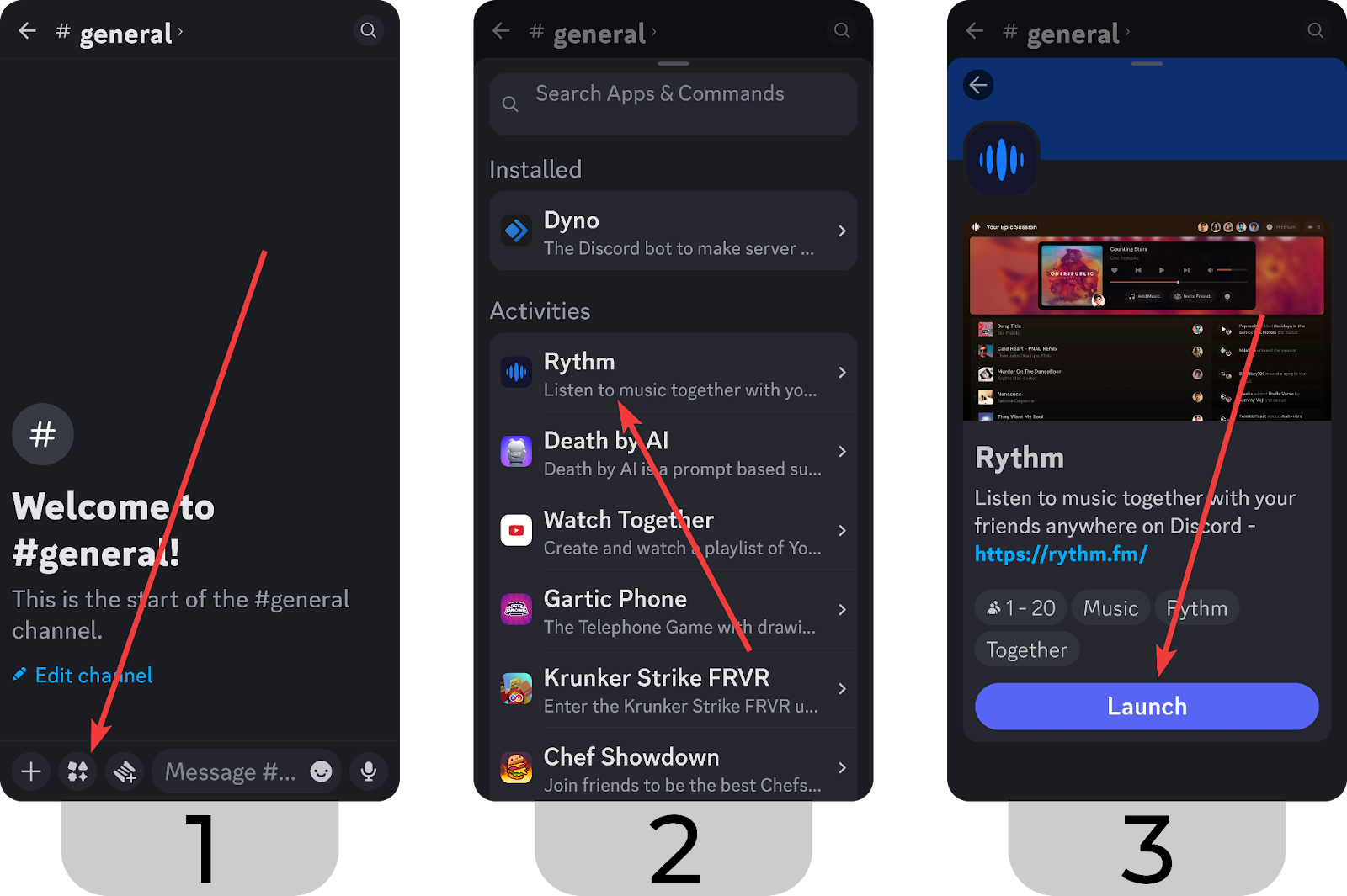 Steps of starting the Rythm activity from a text channel on Discord mobile