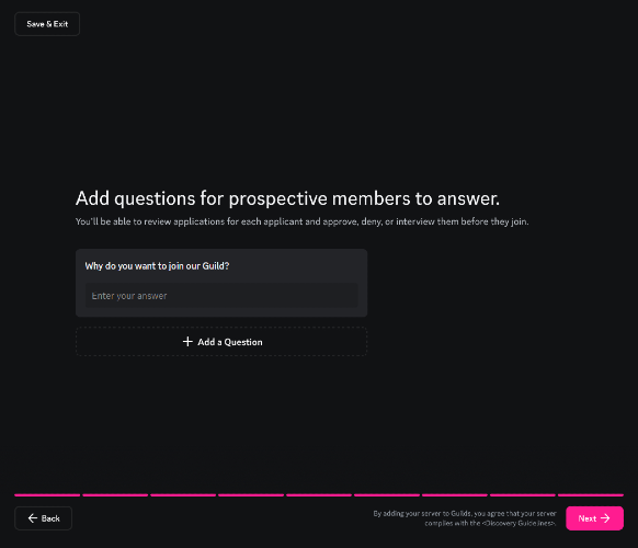 Eight and final step of Guild creation on Discord - adding application questions