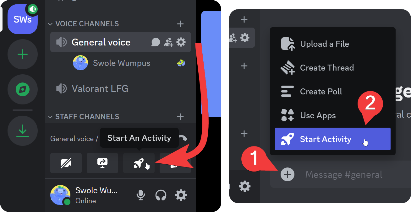 The Start An Activity buttons on voice channels (left) and text channels (right) on Discord desktop