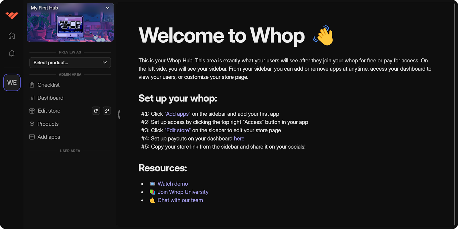 The Checklist section of a Hub on Whop