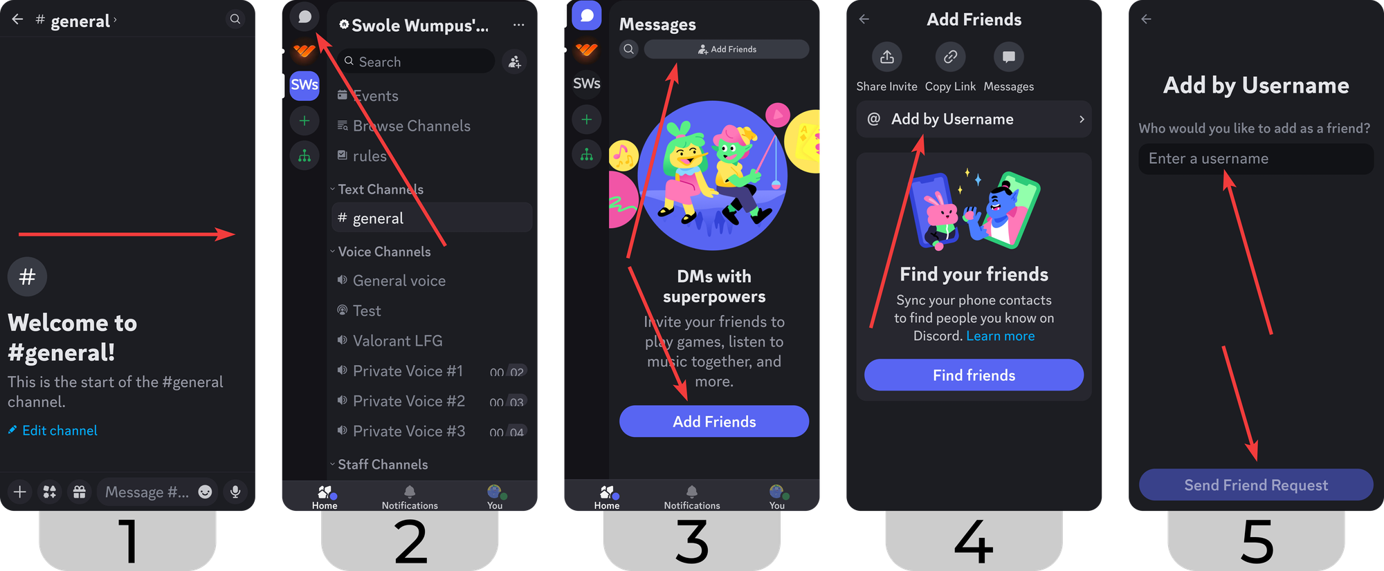 Steps of sending a friend request to a Discord user on mobile