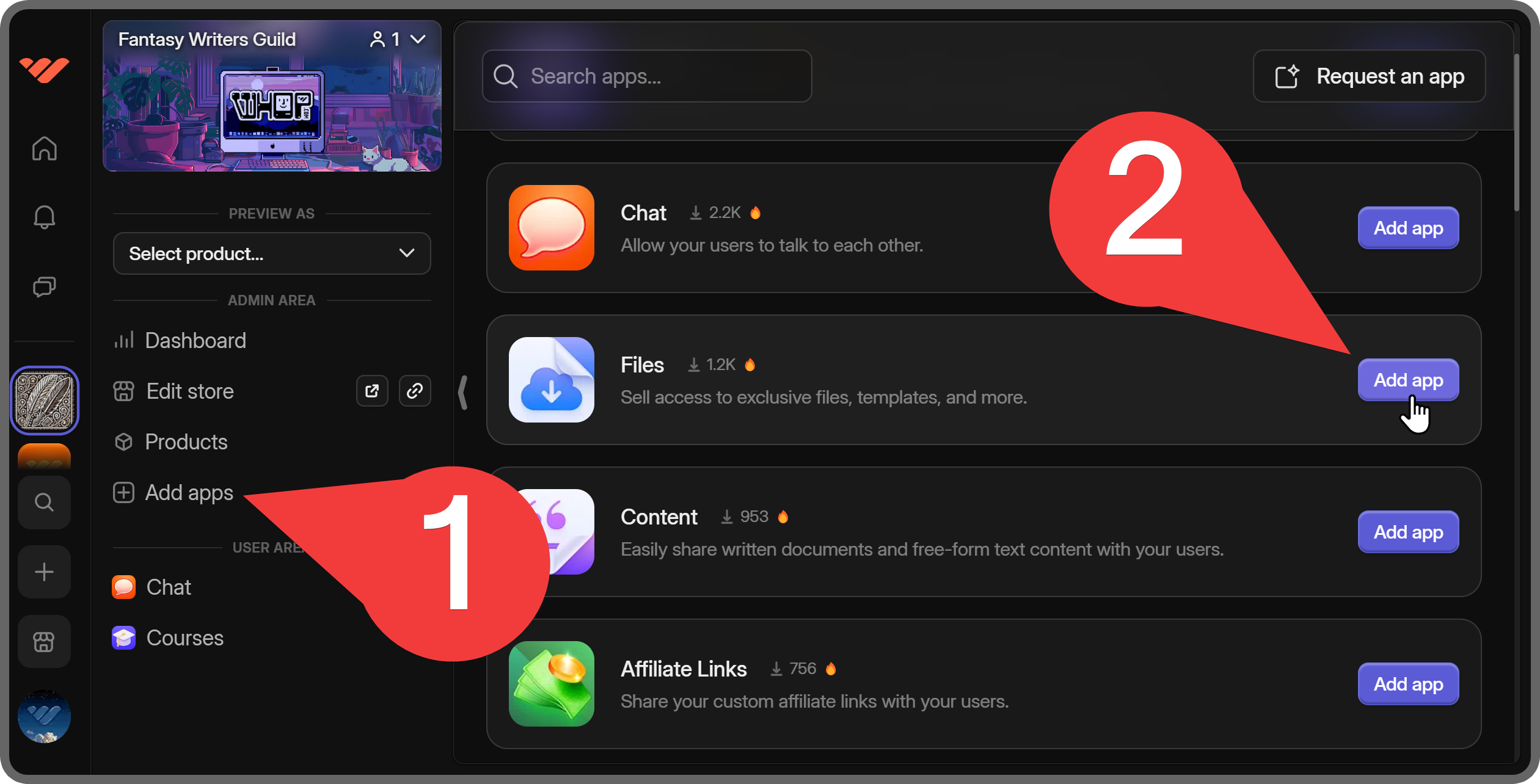 Steps of adding the Files app to a whop