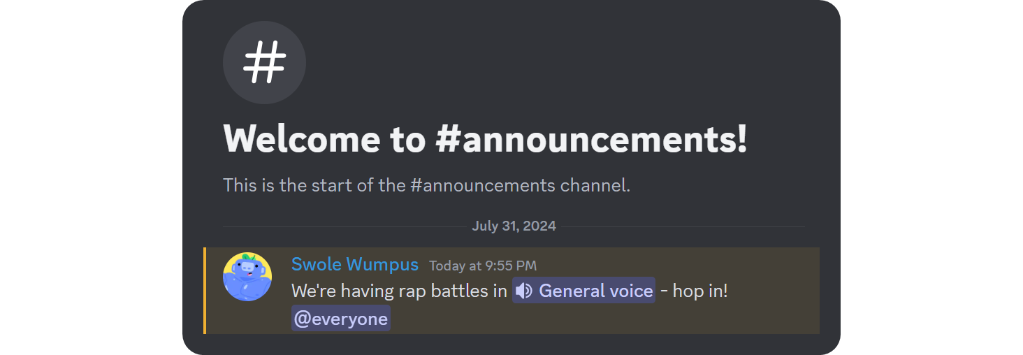 Example of an announcements channel on Discord