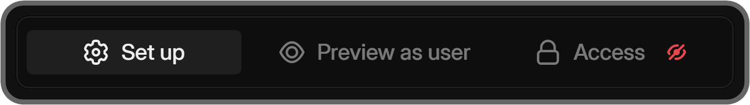 The three sections of a whop app: Set up, Preview as user, and Access
