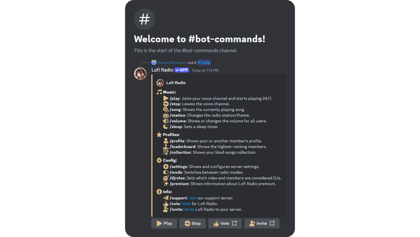 Example of a bot commands channel on Discord