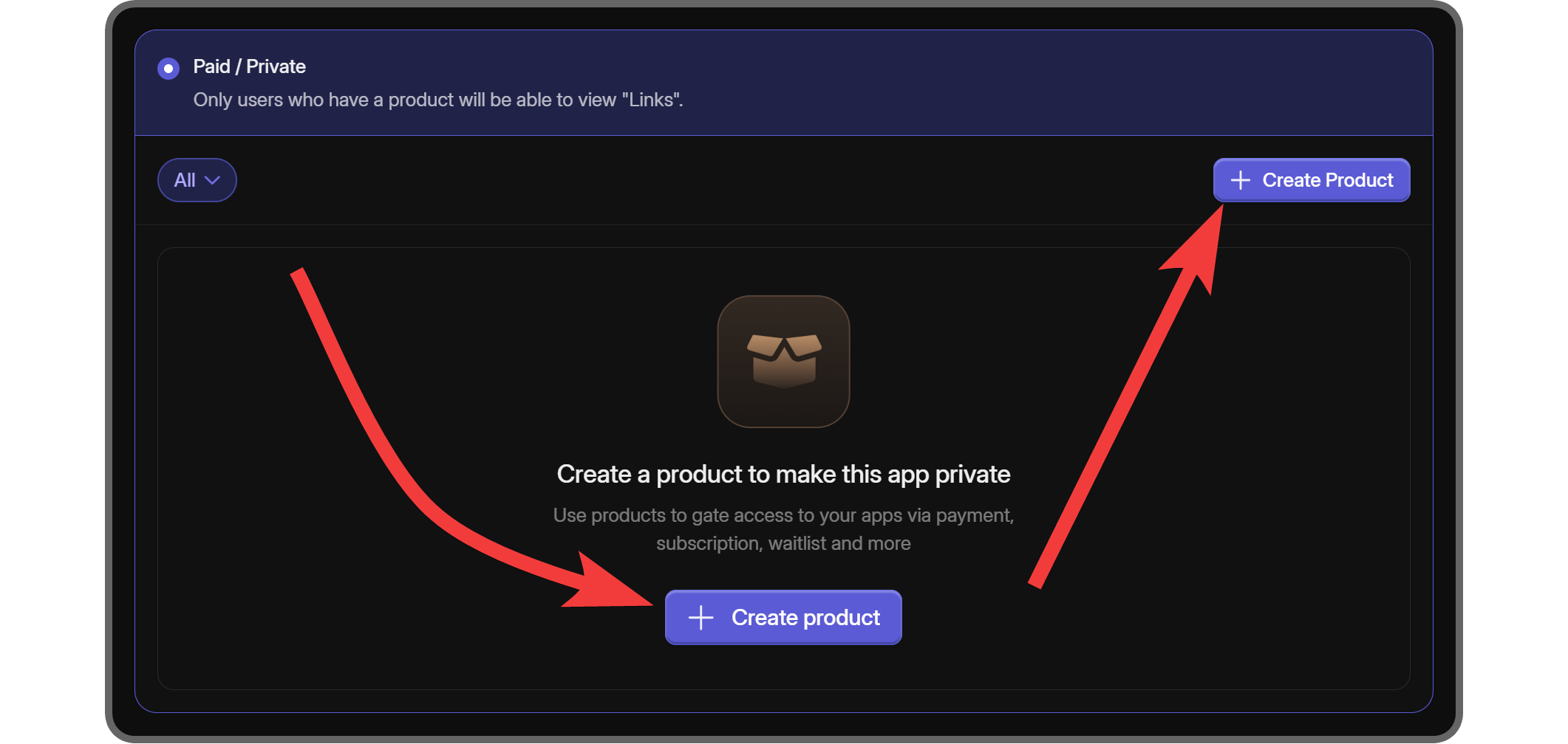 The Paid/Private option of an app with no products on whop