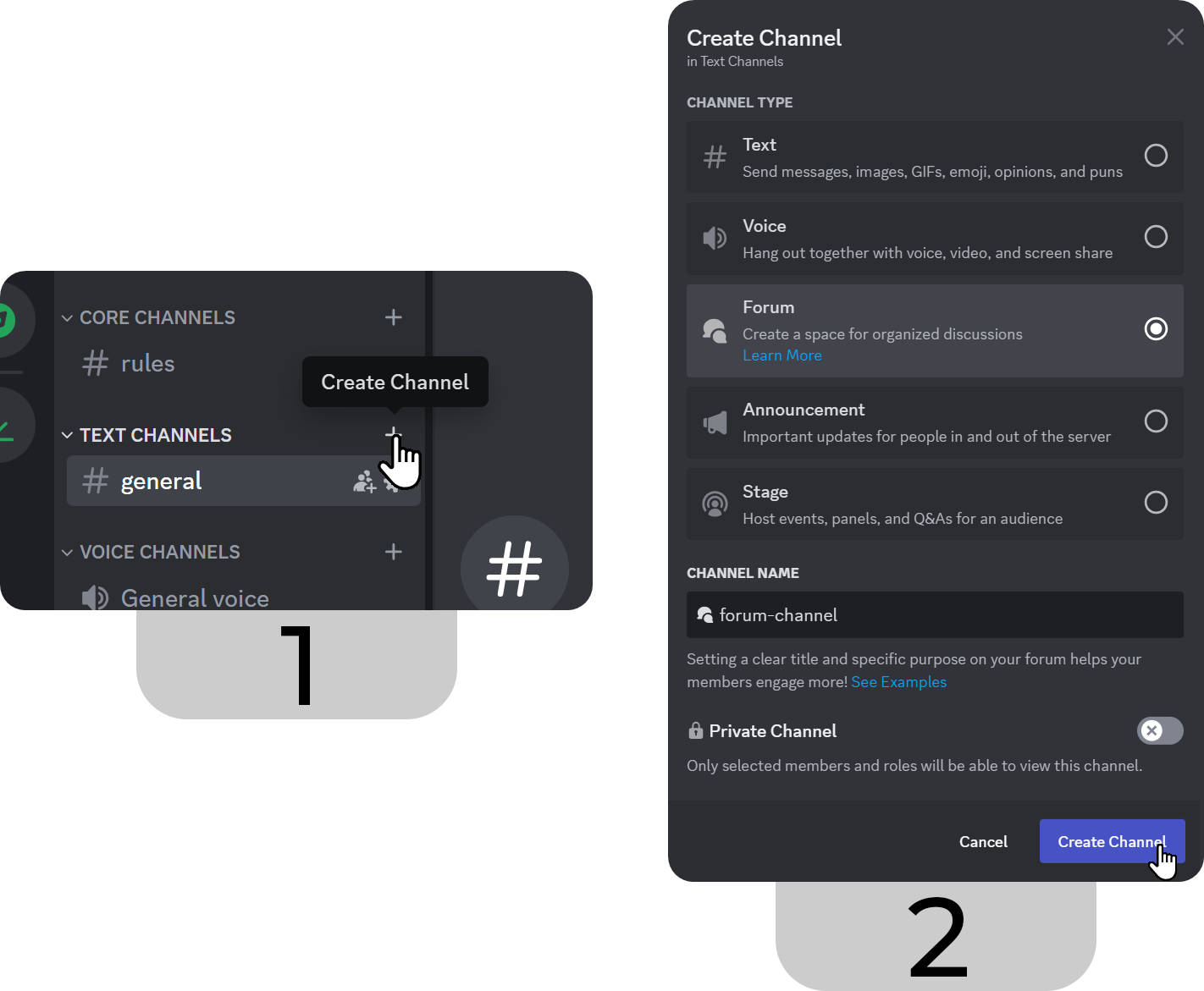 Steps of creating a forum channel on Discord