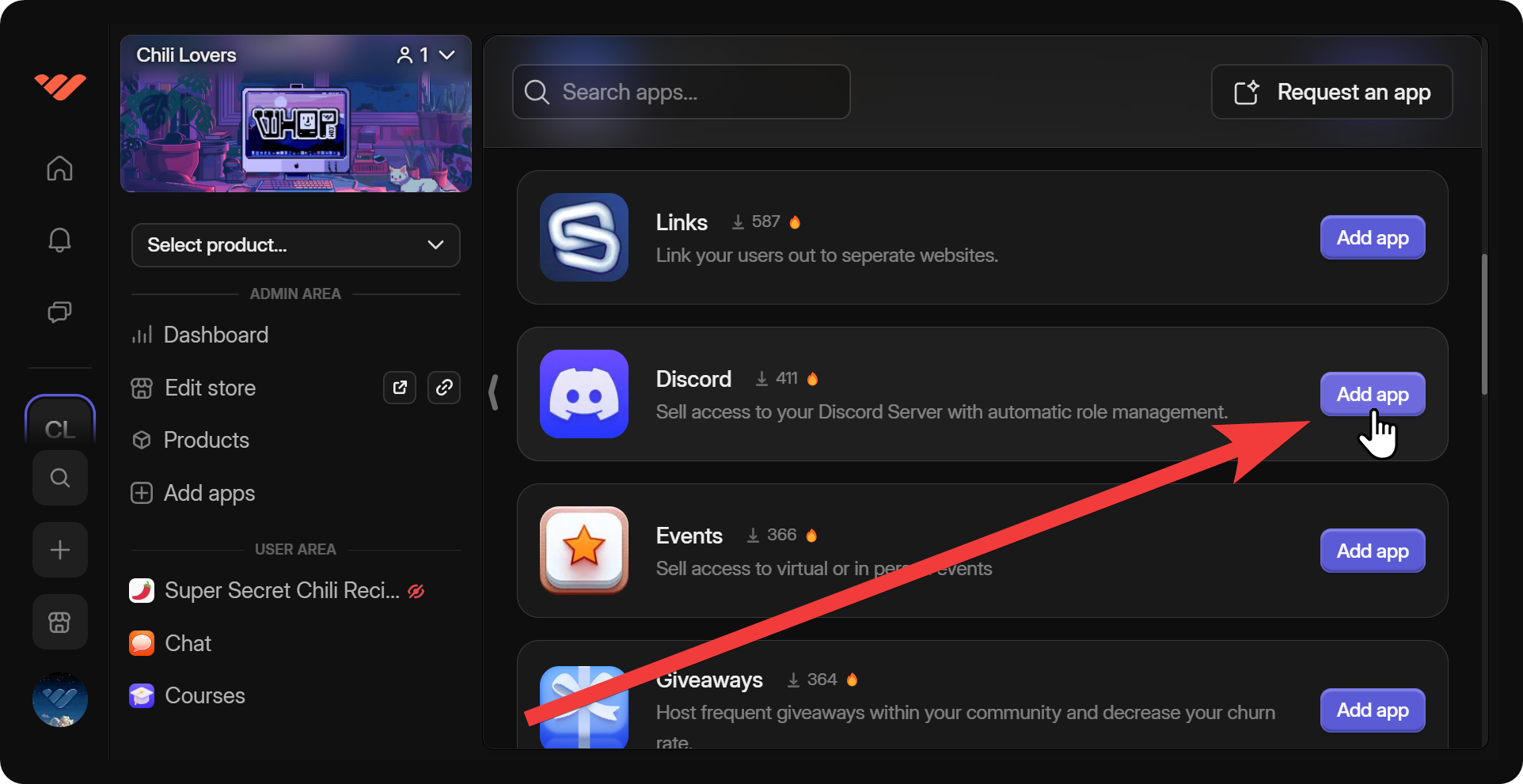 Highlight to the Add app button of the Discord app on a whop