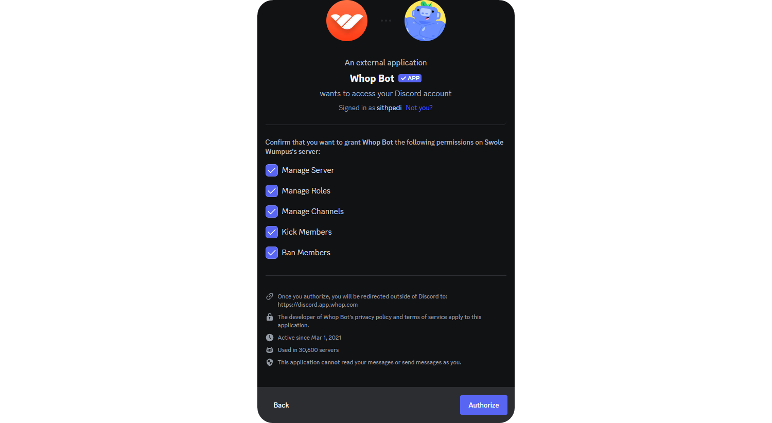 The second step of inviting the Whop Bot to a Discord server