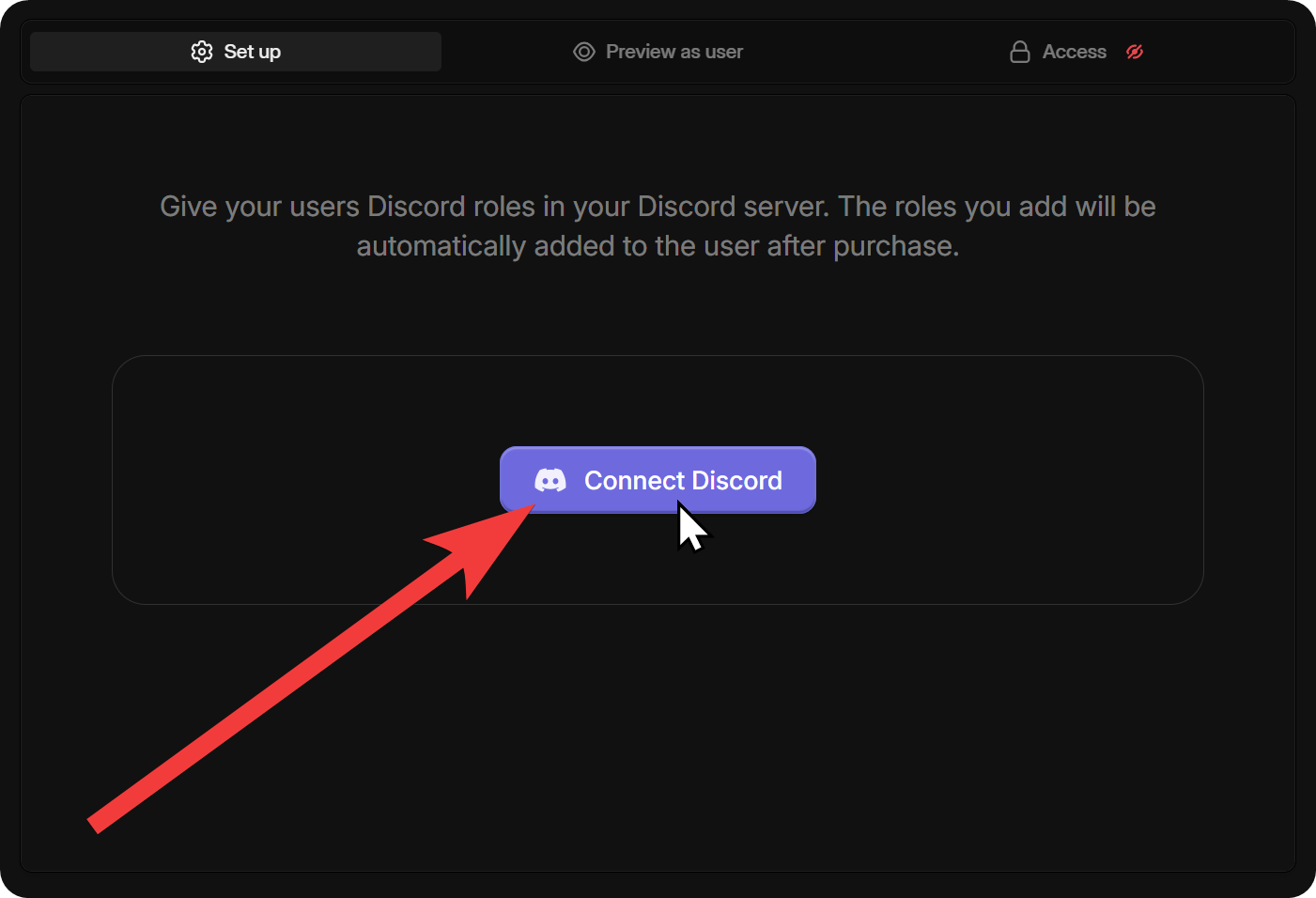 The Connect Discord button on the initial stage of the Discord app setup on a whop