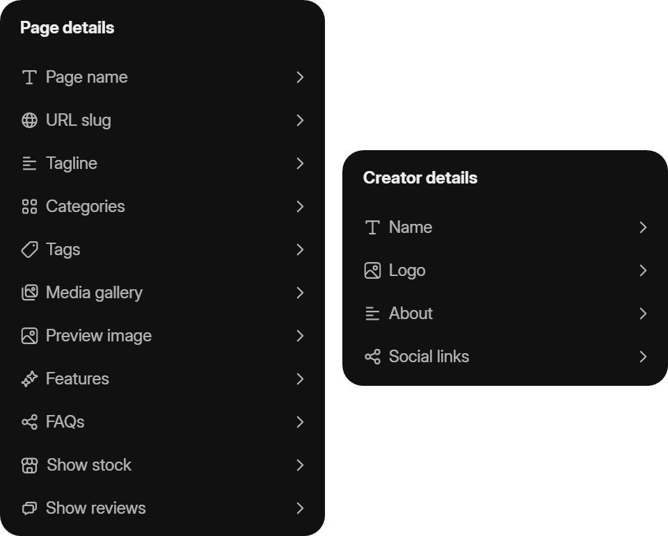 The two categories of customizable store sections