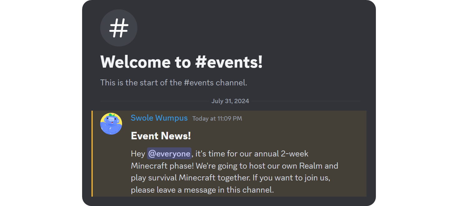 Example of an events channel on Discord