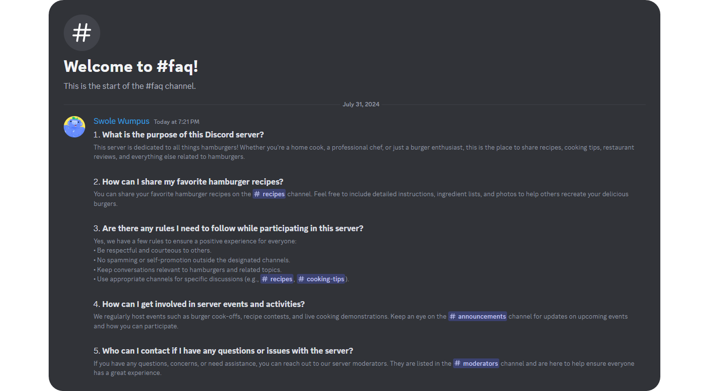 Example of a FAQ channel on Discord