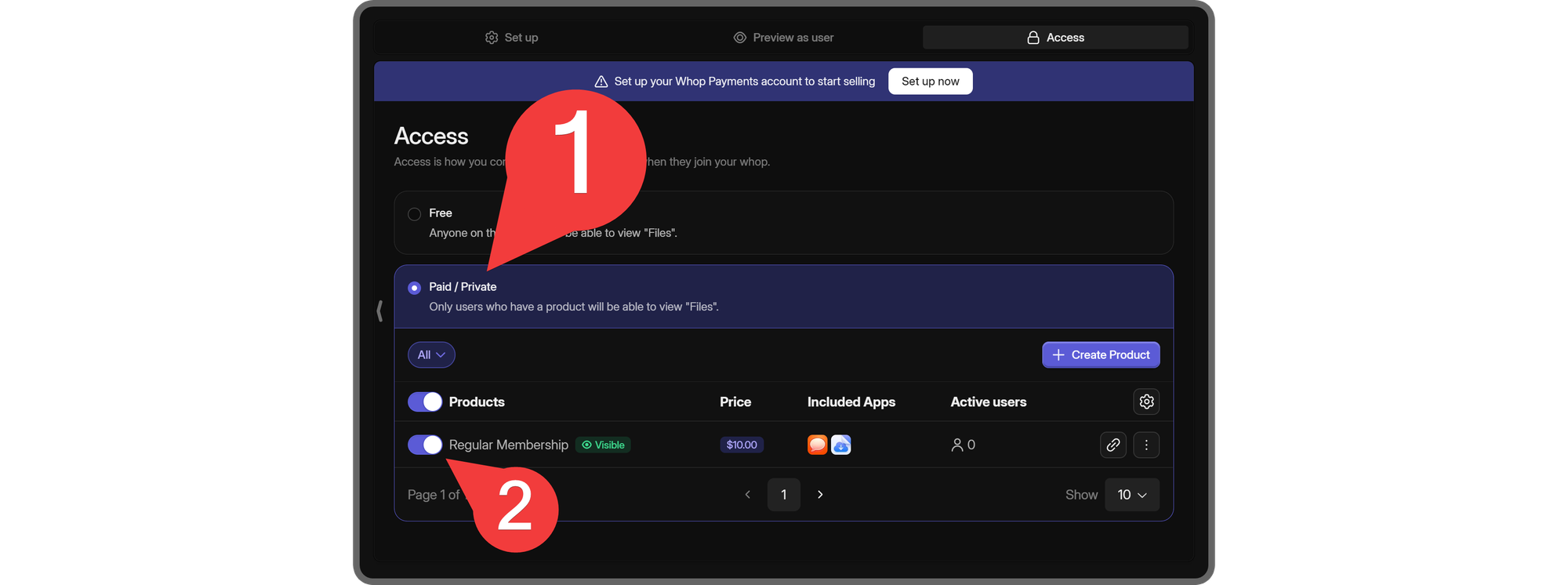 Steps of setting a whop app's access to Paid/Private and linking it with a product