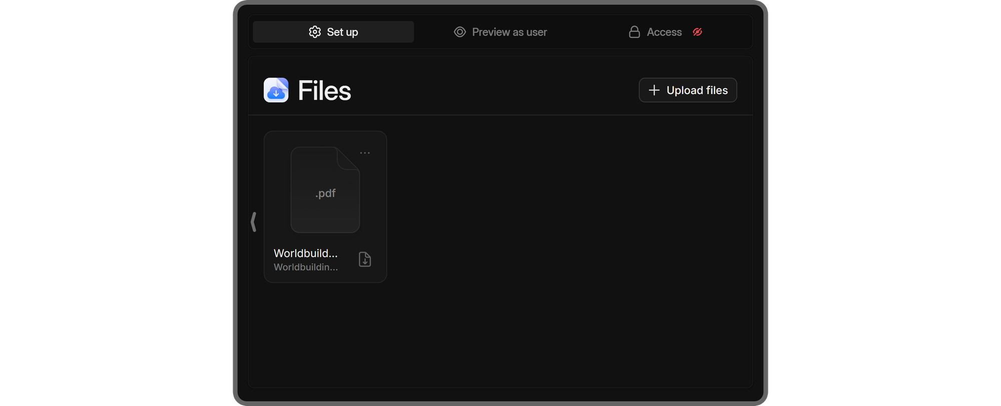 The Set up section of the Files app with an uploaded file on a whop