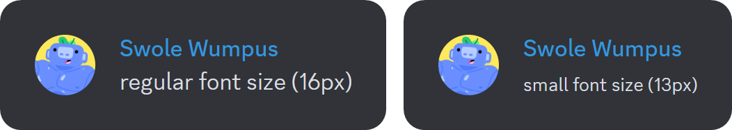 Comparison between regular (16px) and small (13px) font sizes on Discord