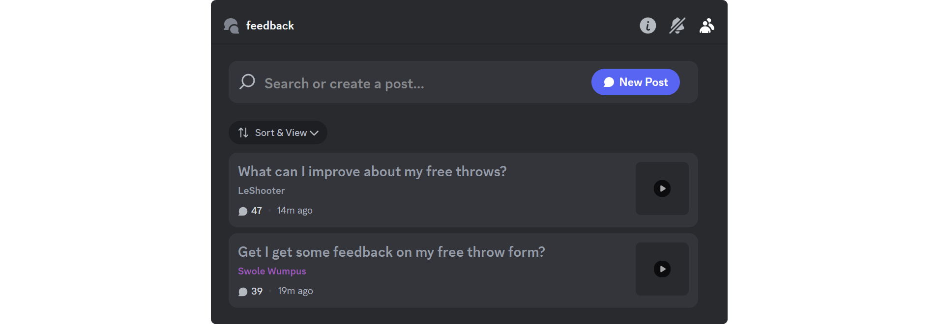 An example view of a forum channel on Discord