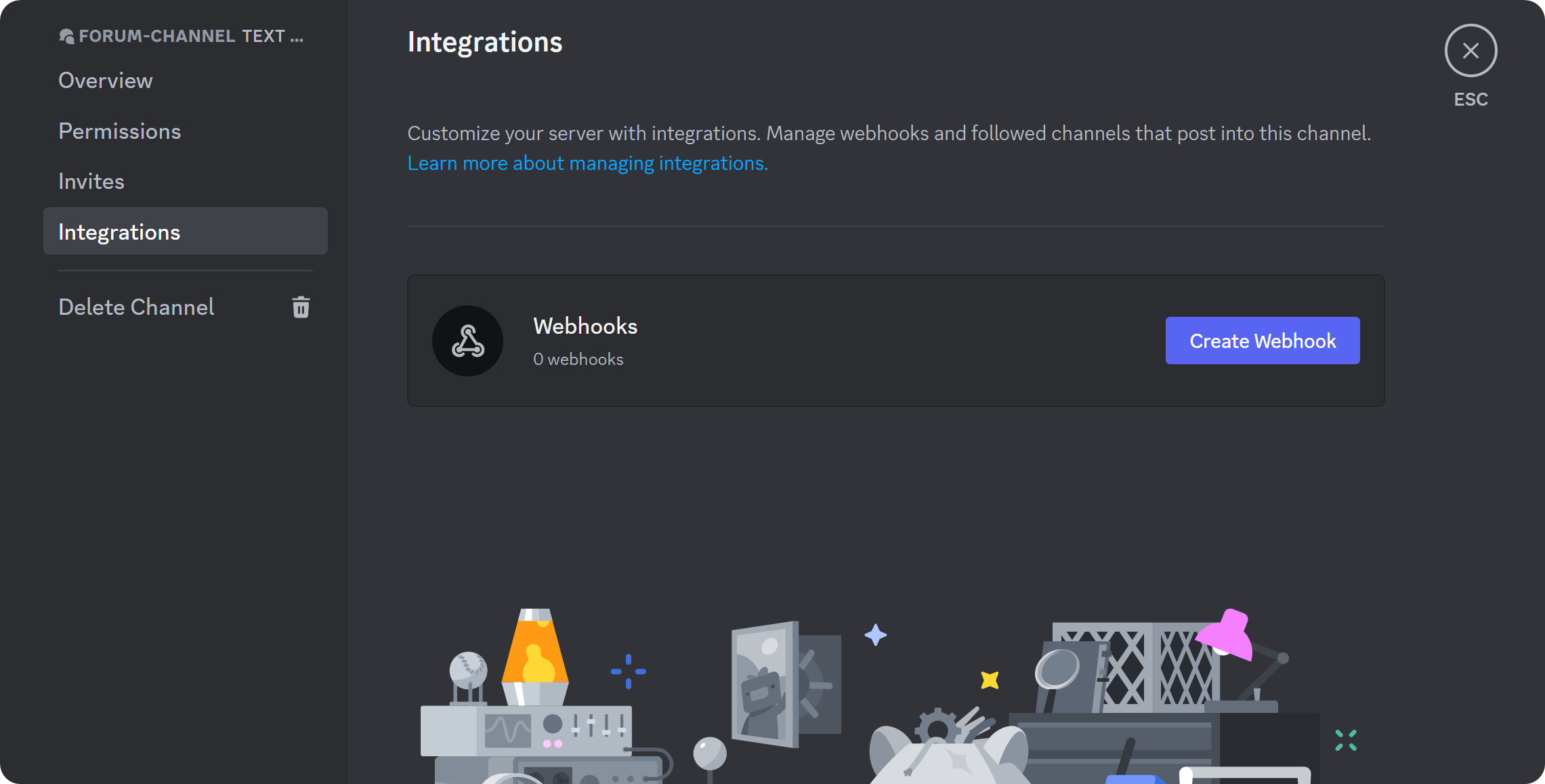 The Integrations section of the forum channel settings