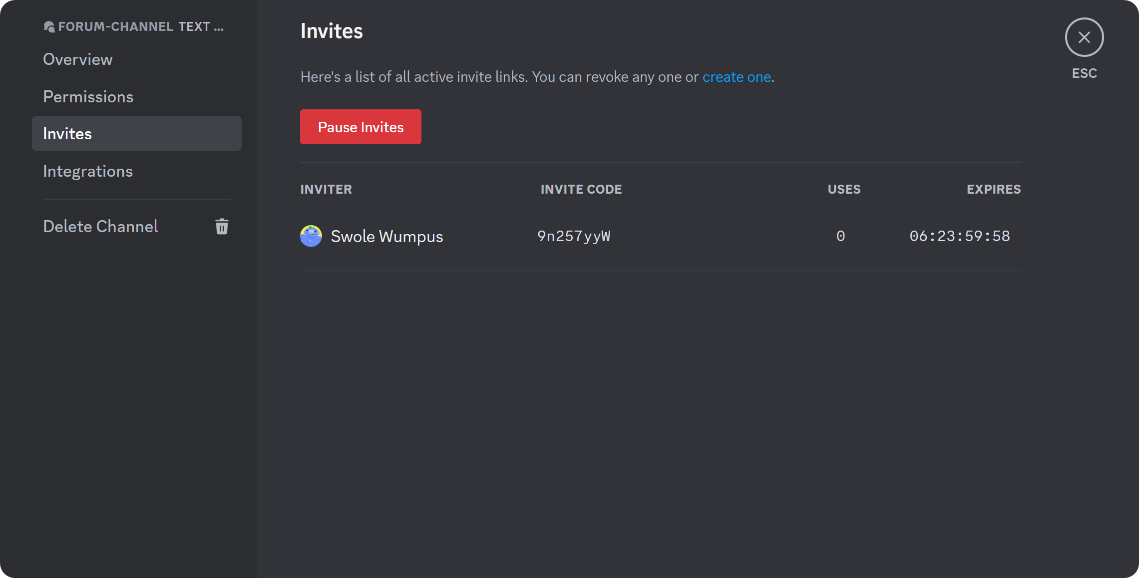 The Invites section of the forum channel settings