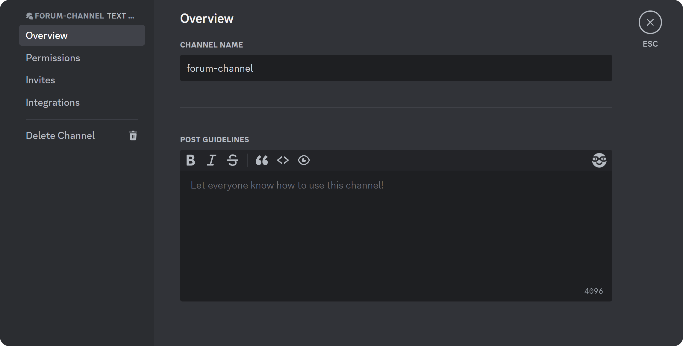 The Overview section of the forum channel settings