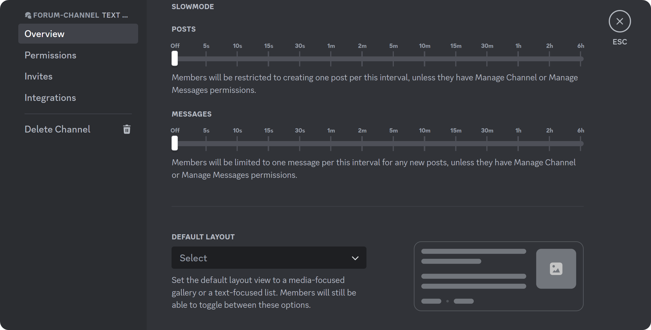 The Overview section of the forum channel settings