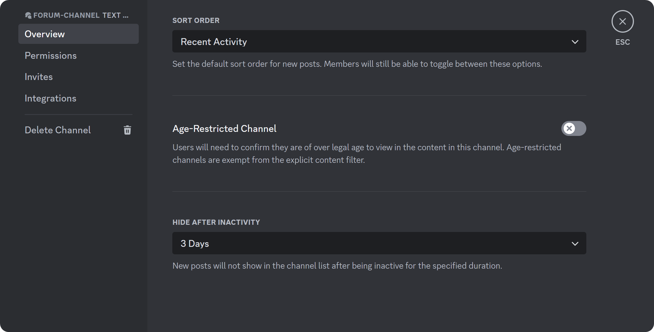 The Overview section of the forum channel settings