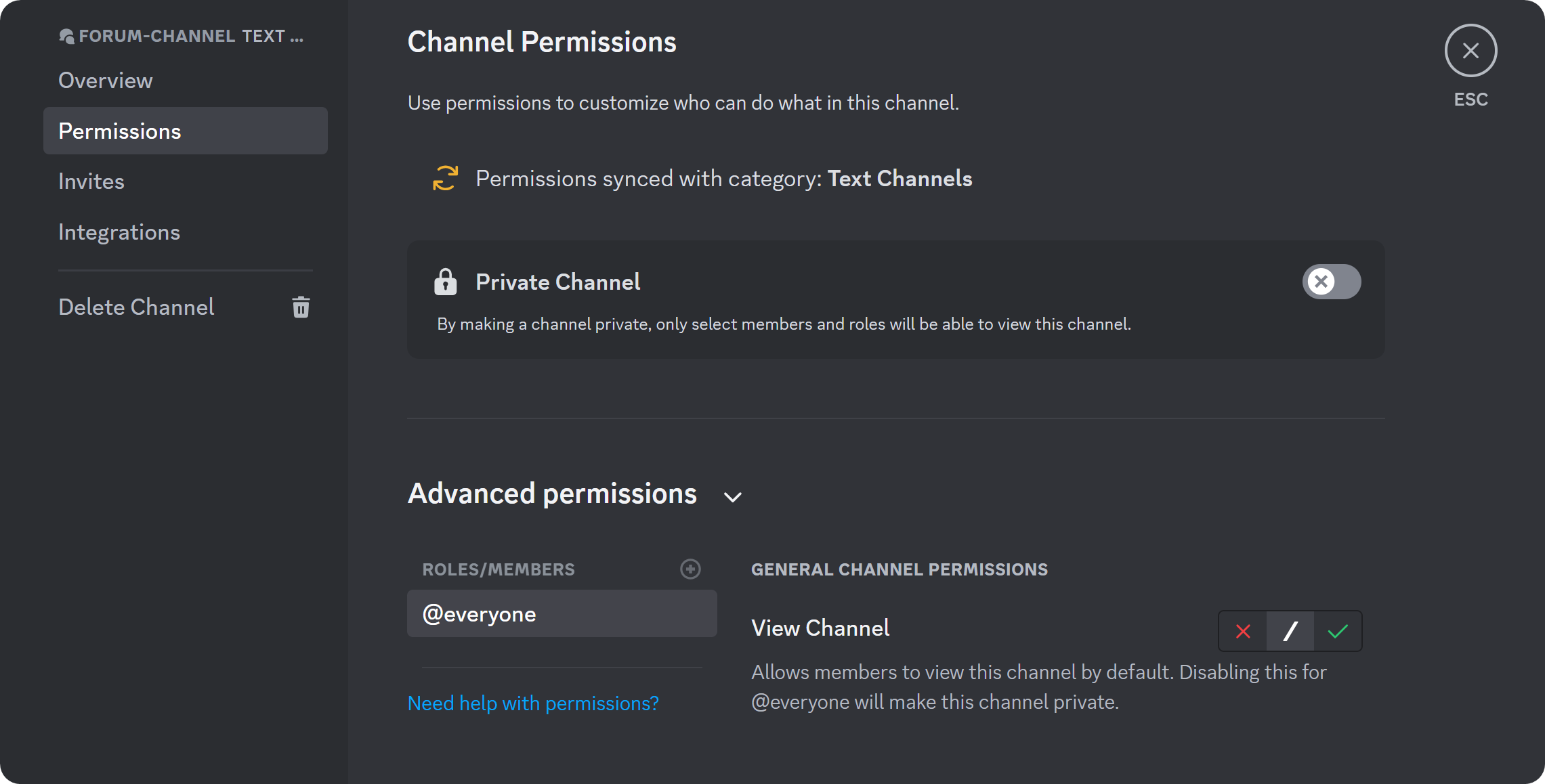 The Permissions section of the forum channel settings