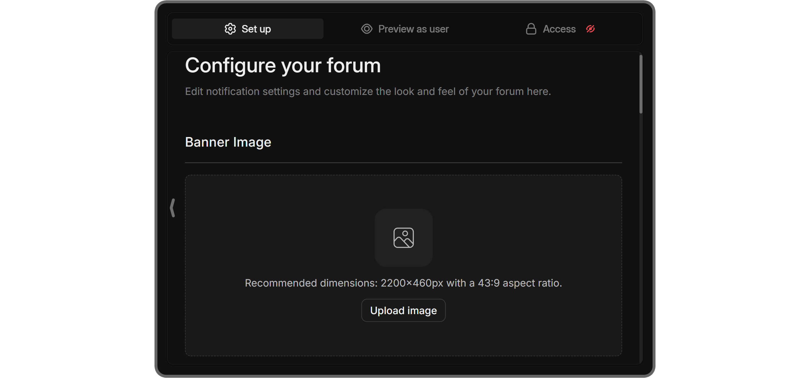 The Banner Image section in the Set up tab of the Forums app