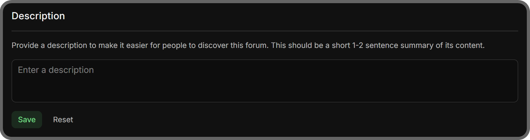 The Description section in the Set up tab of the Forums app